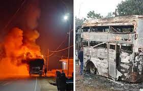 raipur,  massive fire ,moving bus, no casualties