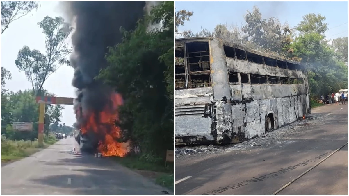 panna, Fire breaks out , passenger bus  