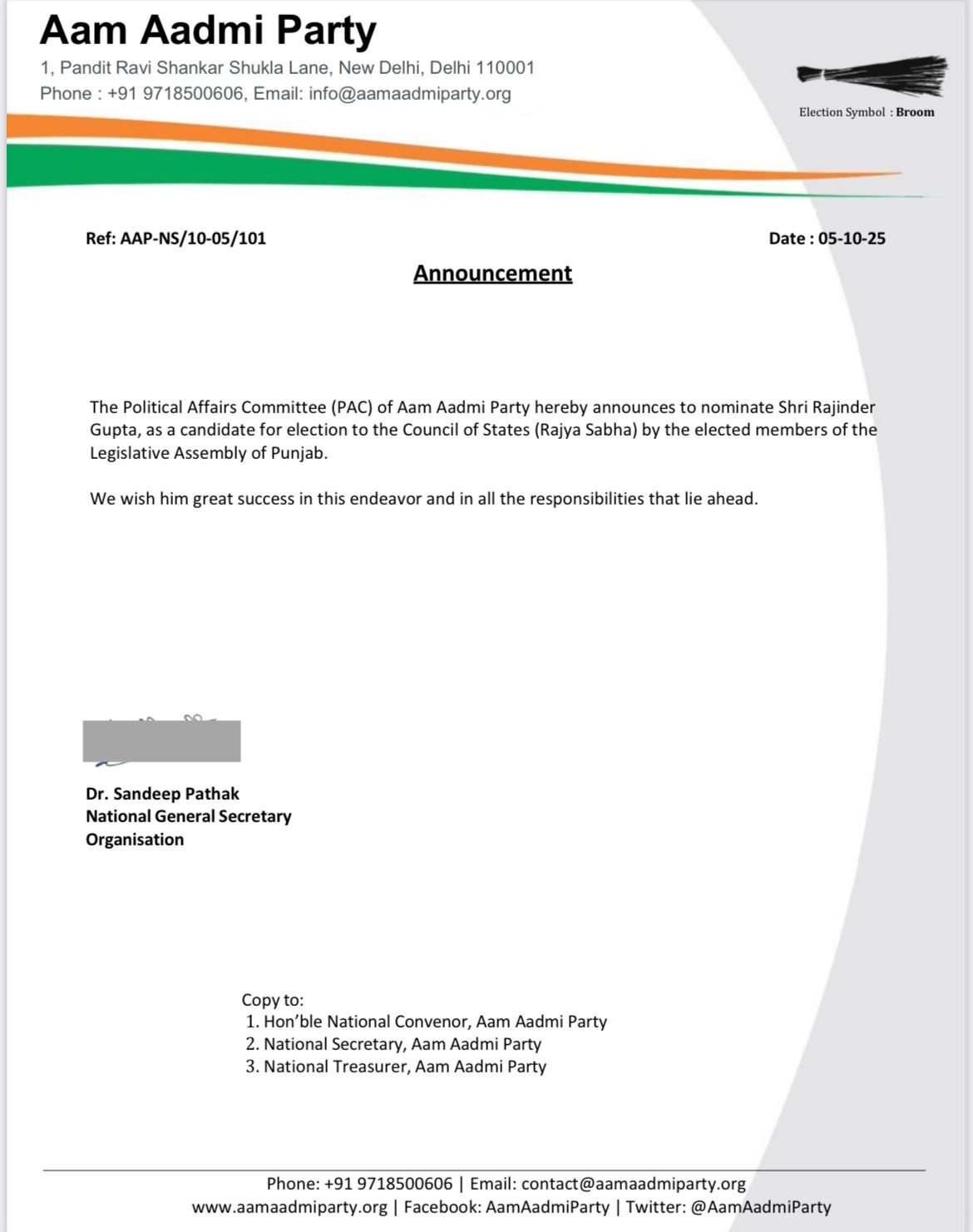 new delhi, AAP has nominated, industrialist Rajinder Gupta 